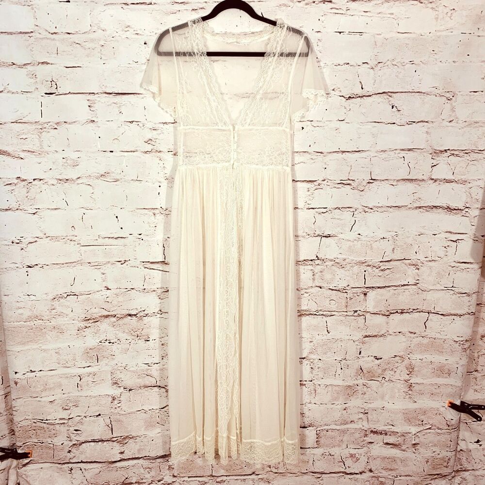 Romantic Design Studio Ivory Lace Sheer Robe Peignoir Small Medium Cottagecore